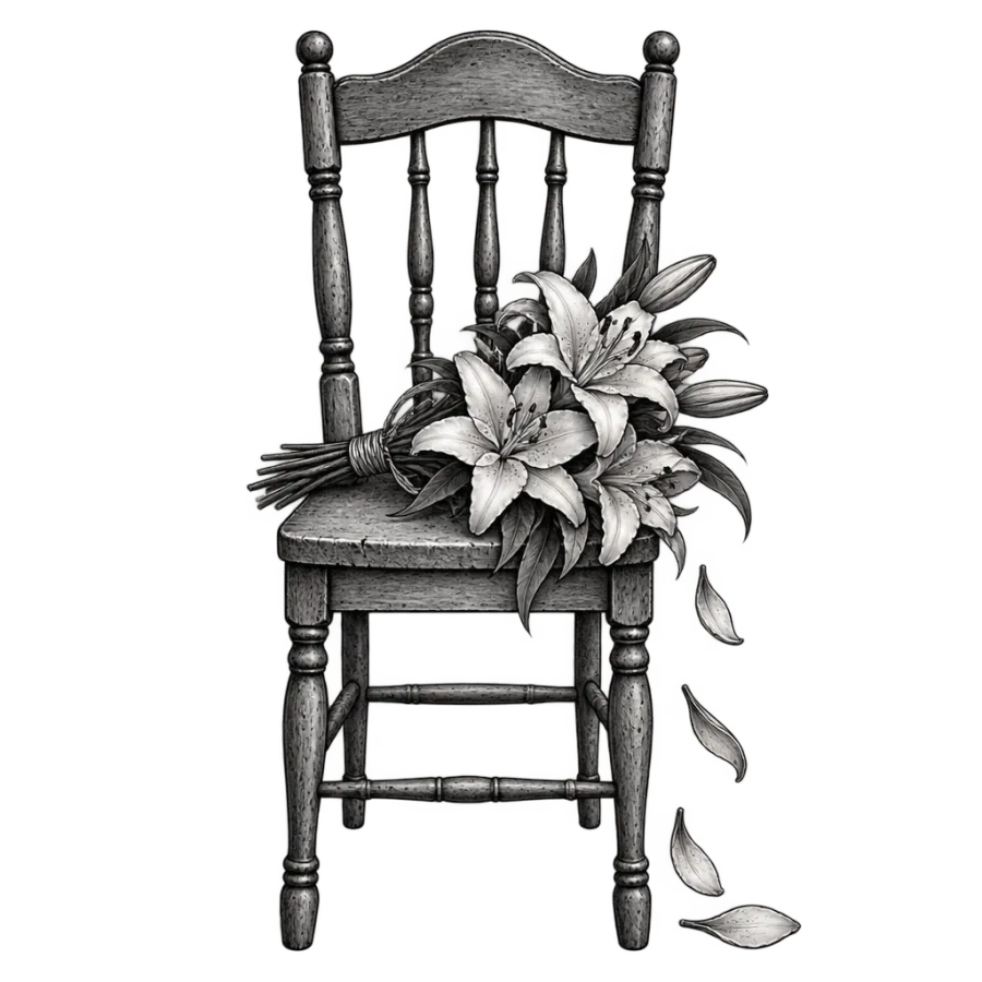 Black and grey realism memorial tattoo of an empty chair holding a lily bouquet