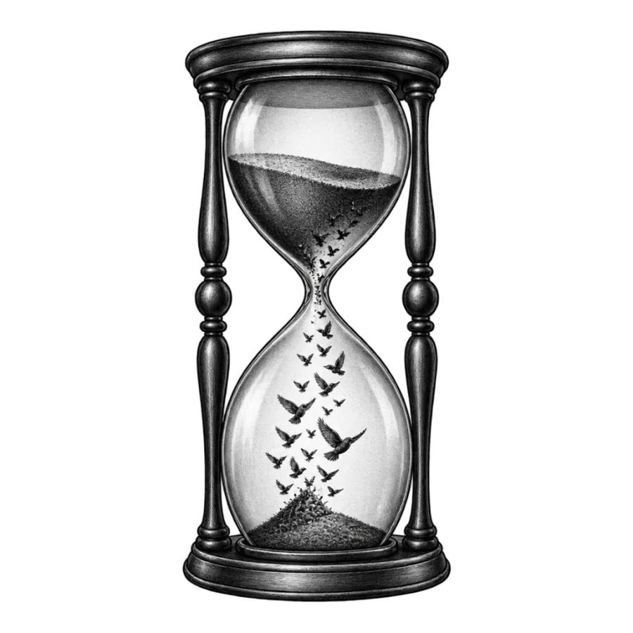Black and grey realism tattoo of an hourglass with sand becoming birds