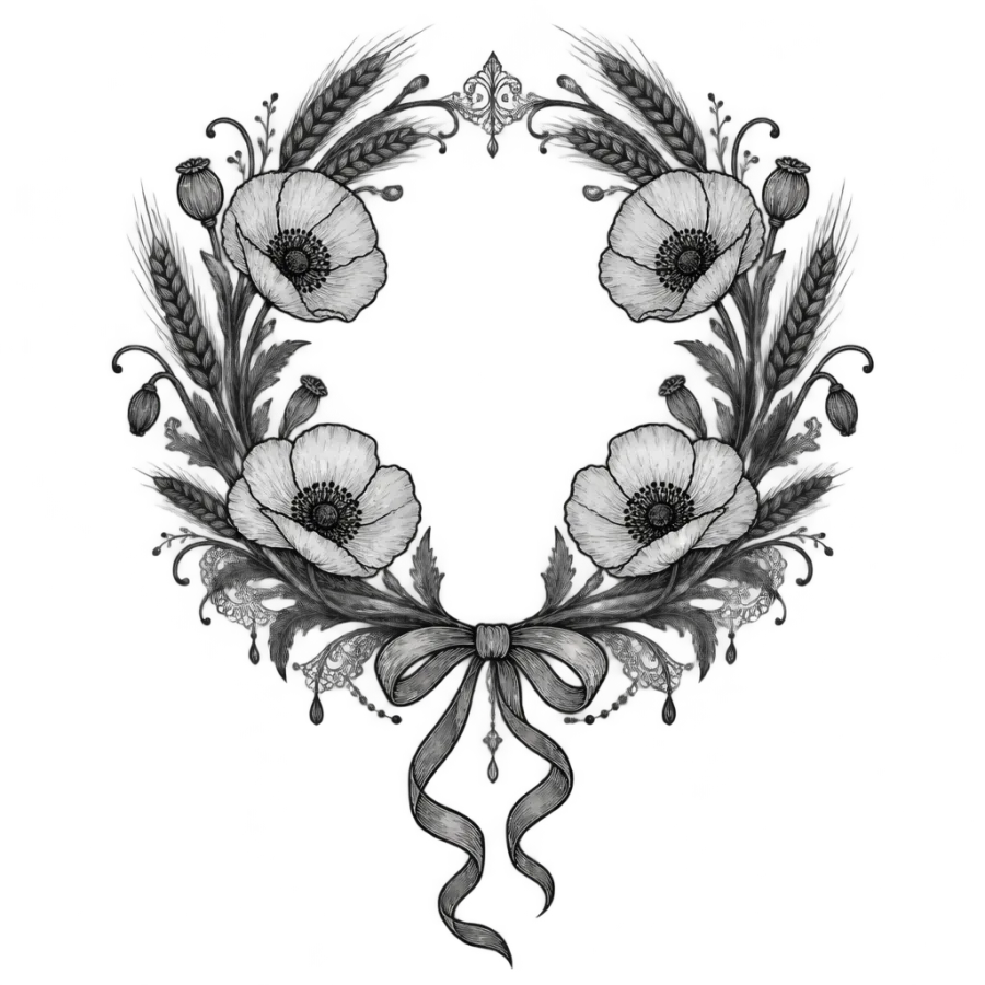 Ornamental filigree tattoo design of a poppy and wheat remembrance wreath