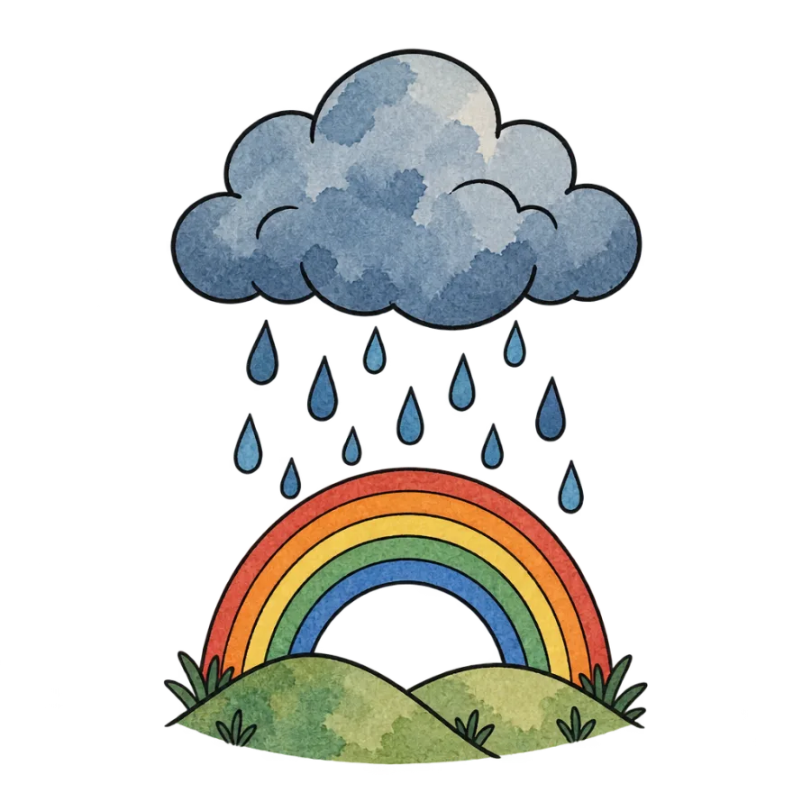 Watercolor mental health tattoo of a raincloud clearing into a rainbow arc