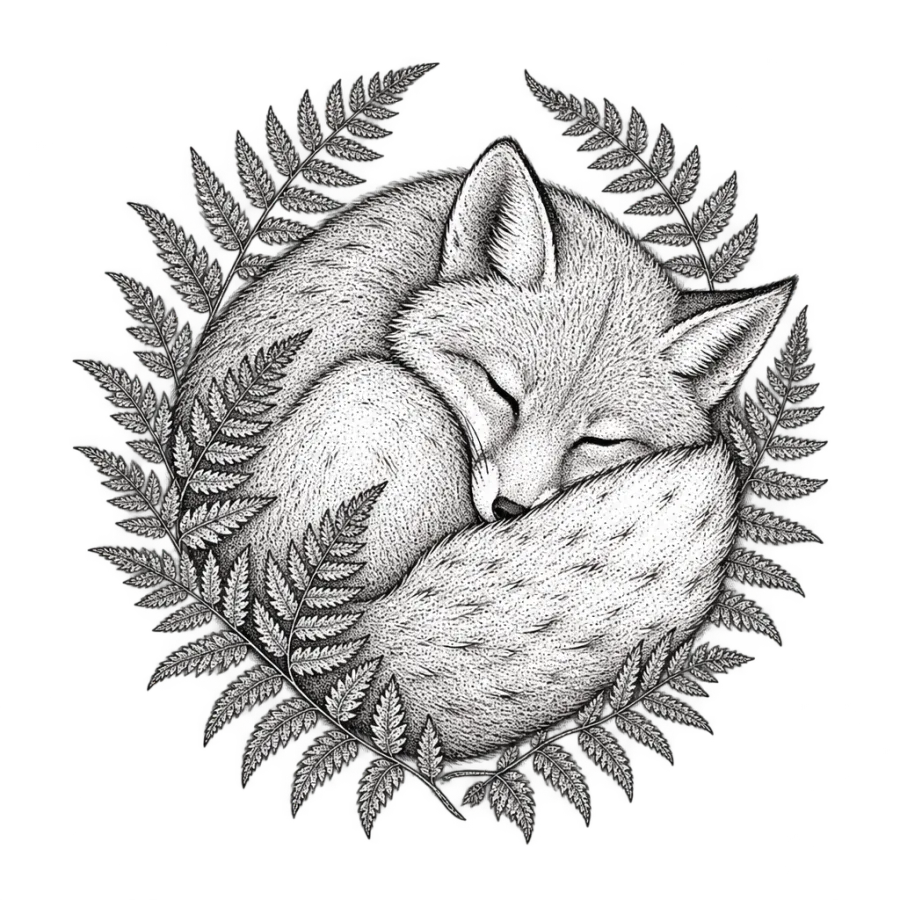 Fine line mental health tattoo of a sleeping fox curled among ferns