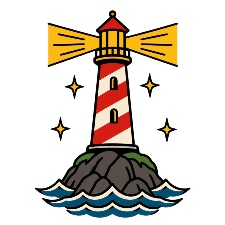 American traditional tattoo of a lighthouse with beams over calm water