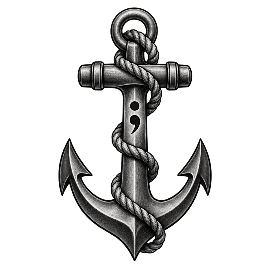 Black and grey realism mental health tattoo of a roped anchor with a semicolon