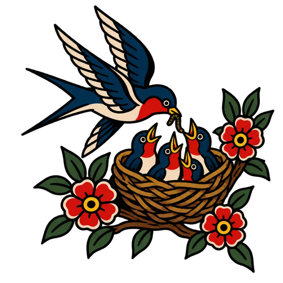 American traditional tattoo of a swallow feeding chicks in a nest