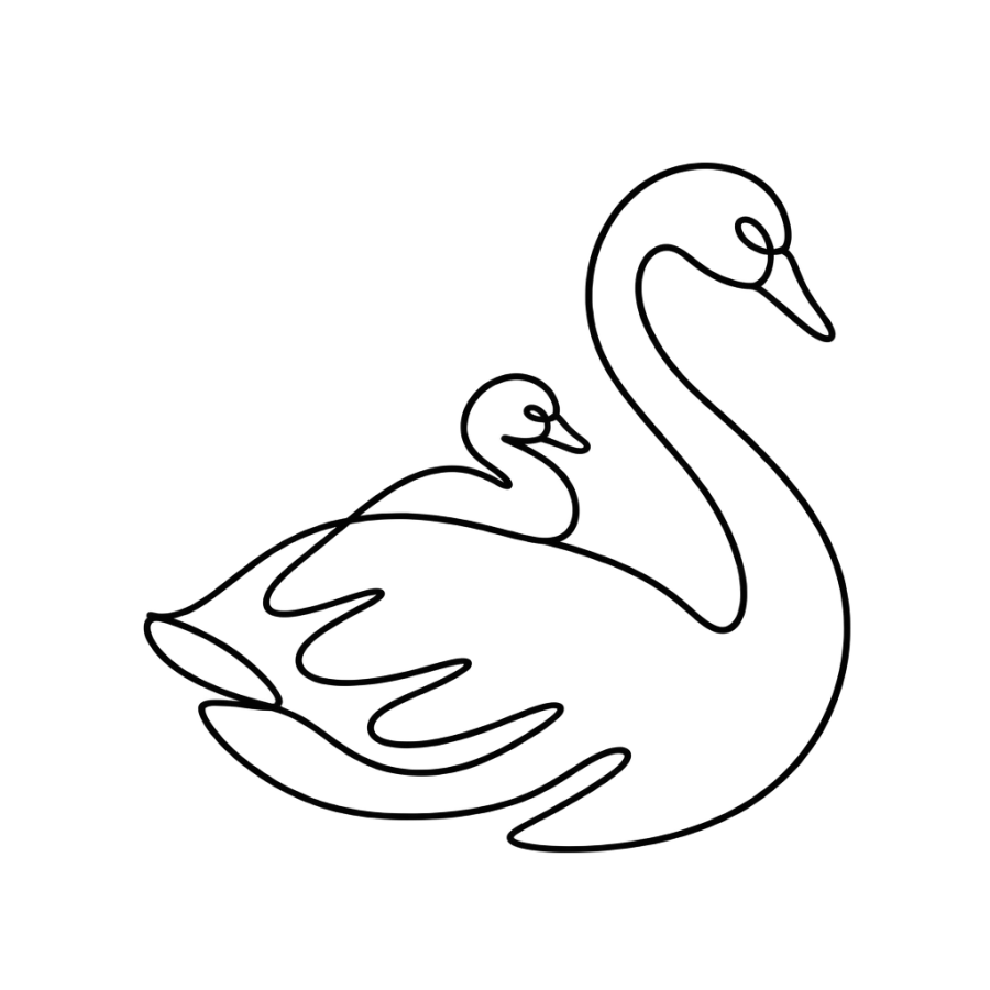 Single line tattoo design of a swan carrying a cygnet on her back