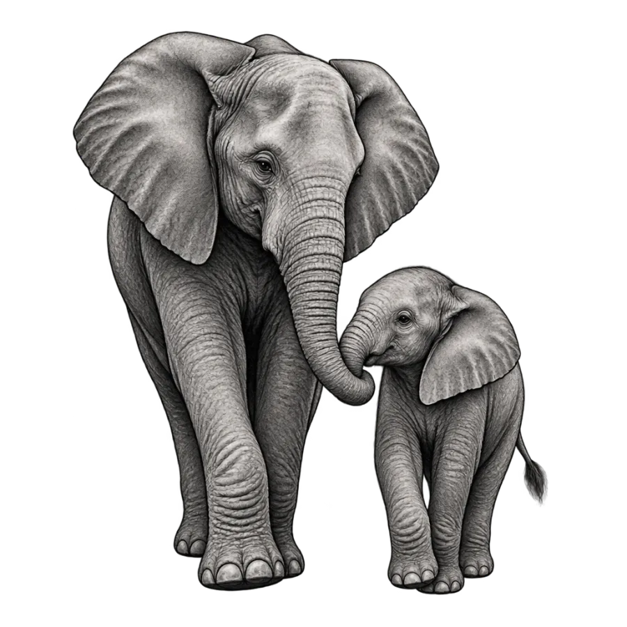 Black and grey realism tattoo of a mother elephant beside her calf
