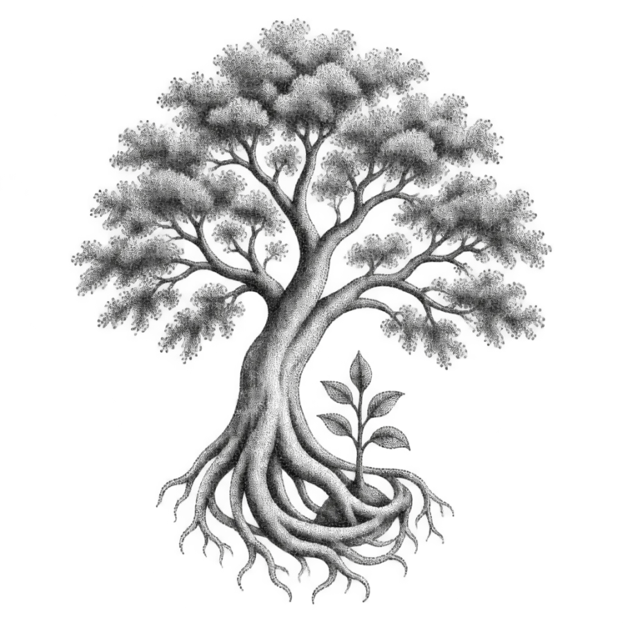 Dotwork stippled tattoo of tree roots cradling a young sapling
