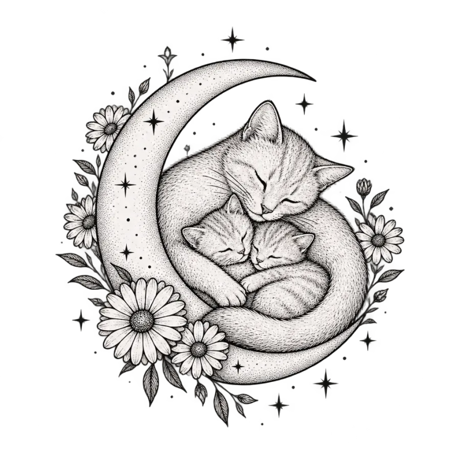 Fine line tattoo of a crescent moon cradling a cat with kittens