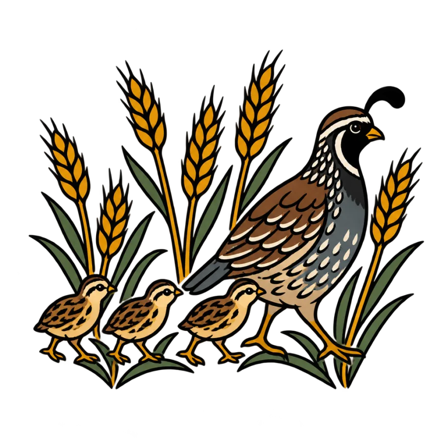 American traditional tattoo design of a quail hen leading three chicks through wheat