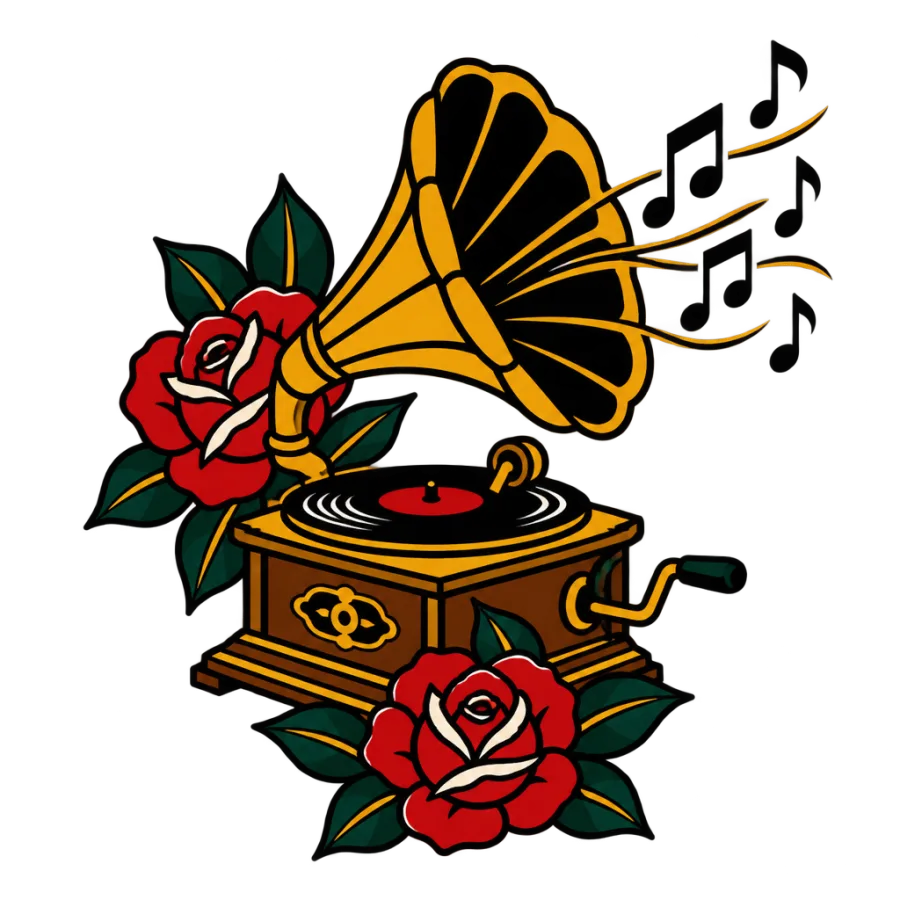 American traditional tattoo of a gramophone with roses spilling from the horn