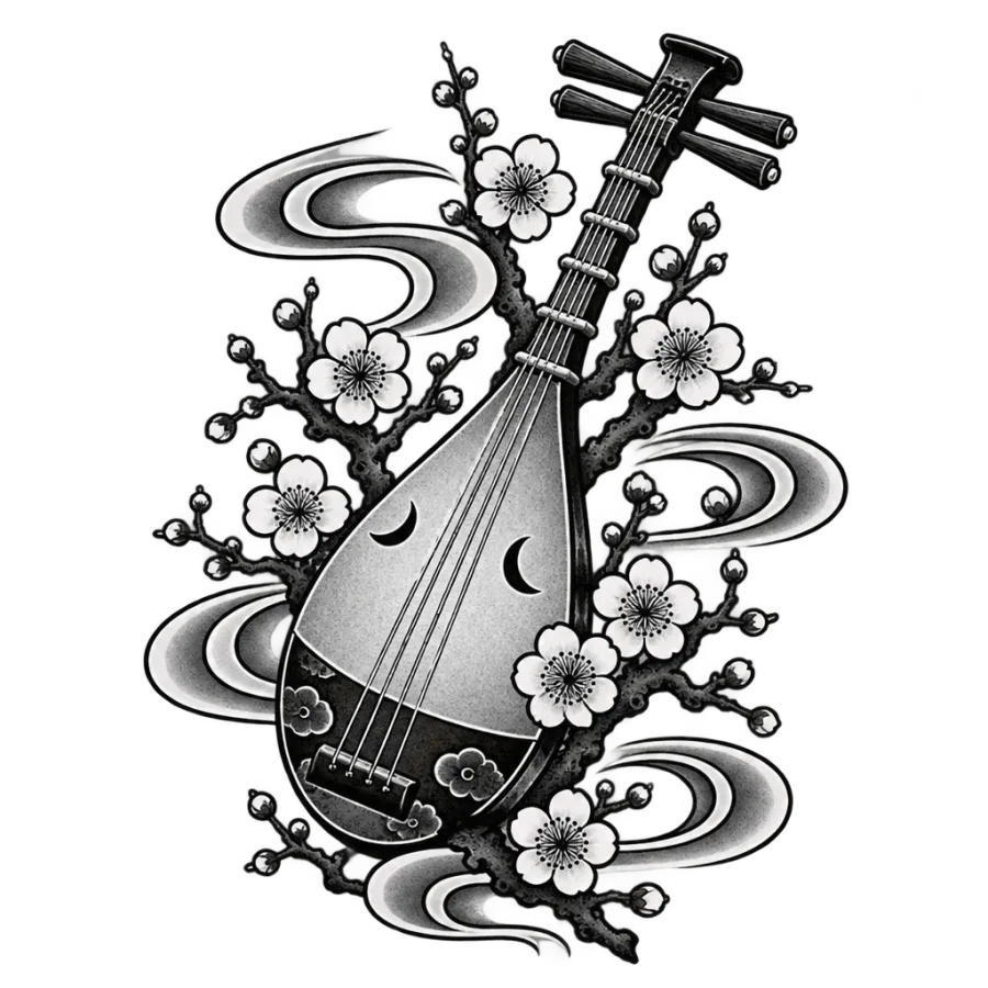 Japanese irezumi tattoo design of a biwa lute among plum blossoms and wind bars
