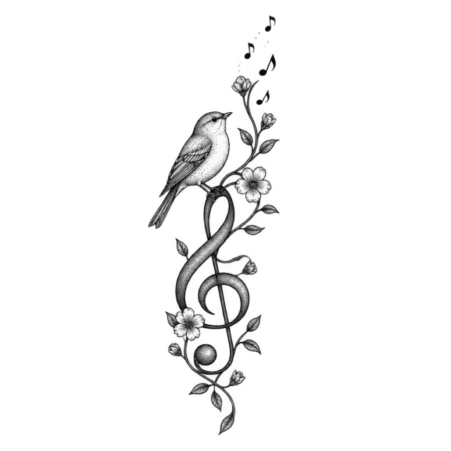 Fine line tattoo of a songbird perched on a treble clef vine