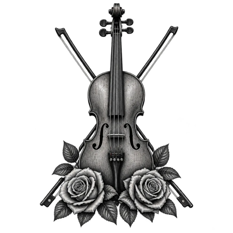 Black and grey realism tattoo of an old violin with crossed bow
