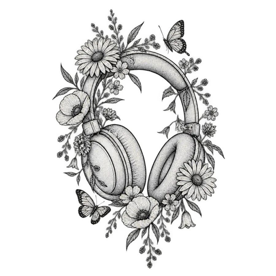 Fine line tattoo design of headphones woven with wildflowers and small butterflies