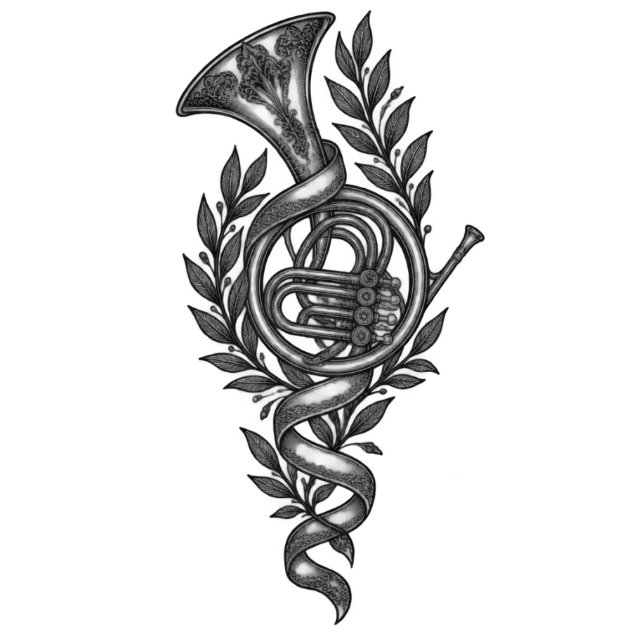Ornamental filigree tattoo design of a coiled French horn wrapped in laurel