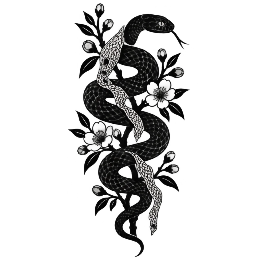 Blackwork new beginnings tattoo of a snake shedding skin on a blossoming branch