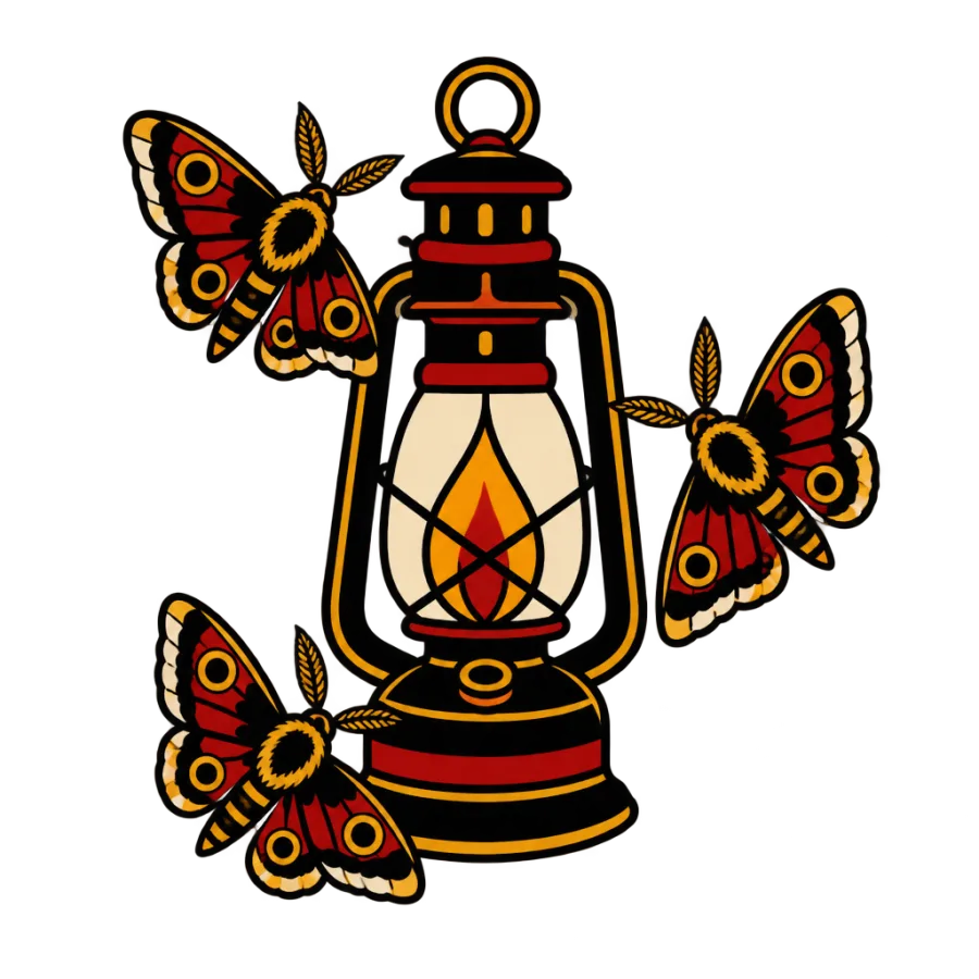 American traditional new beginnings tattoo of a lit lantern circled by moths