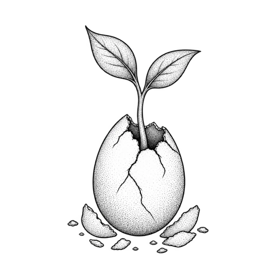 Fine line new beginnings tattoo of a sprout pushing out of a hatching egg