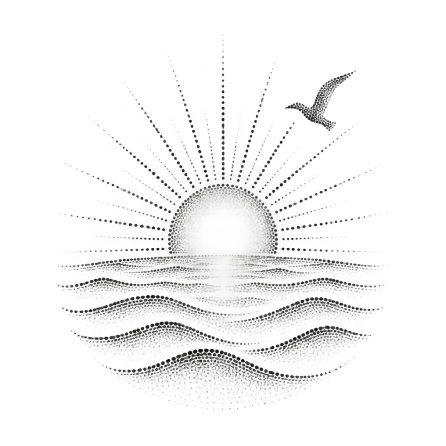 Dotwork new beginnings tattoo of a sunrise breaking over calm ocean waves