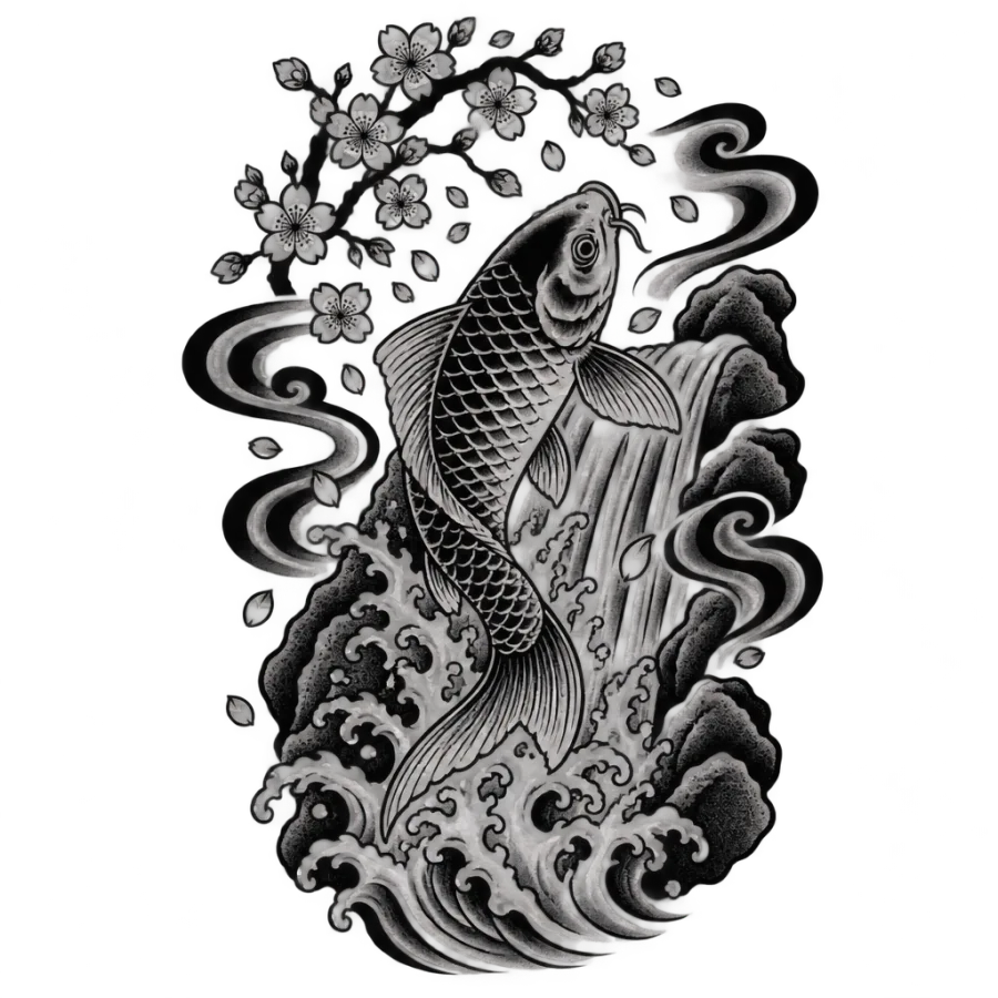 Japanese irezumi new beginnings tattoo of a koi leaping up a waterfall