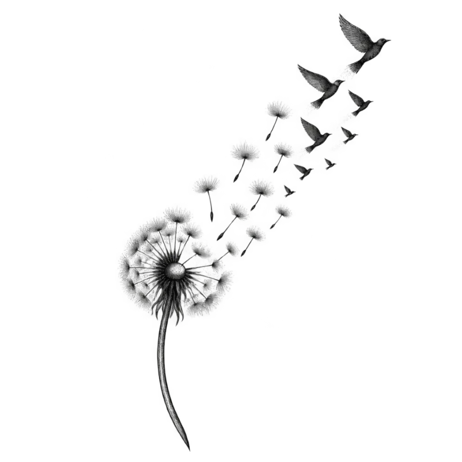 Fine line new beginnings tattoo of dandelion seeds turning into small birds