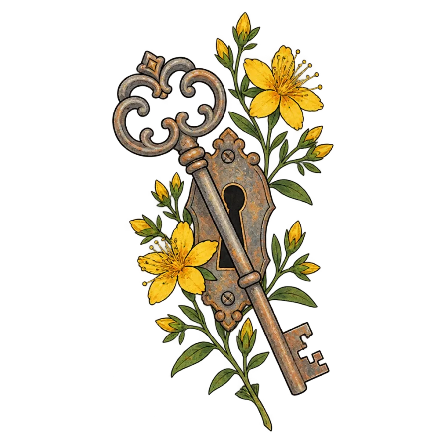 Watercolor protection tattoo of an iron key over a keyhole plate with flowers