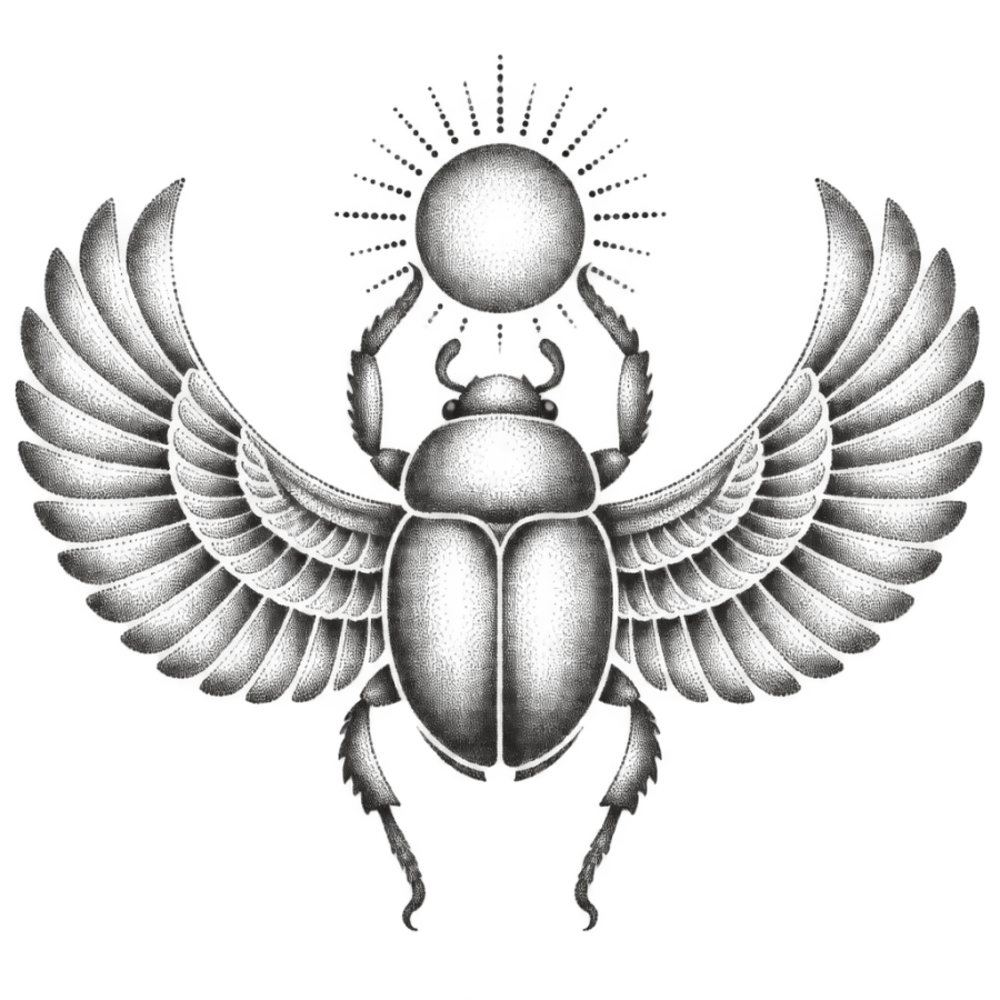 Dotwork protection tattoo of a winged scarab beetle lifting a sun disc