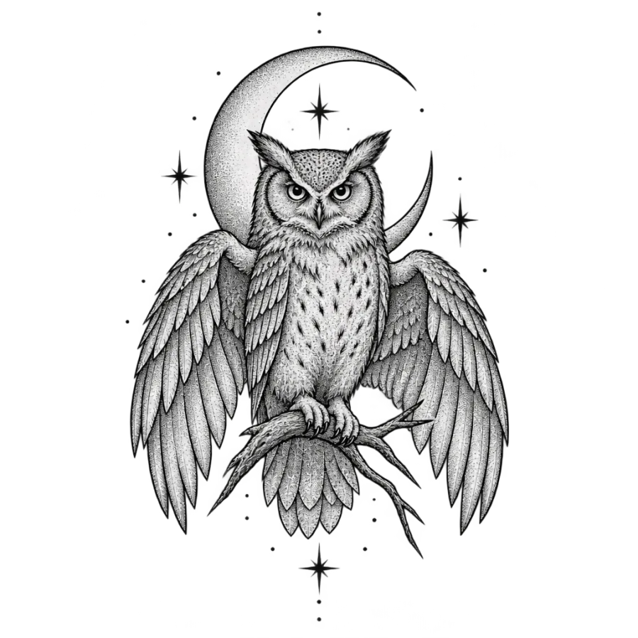 Fine line protection tattoo of a guardian owl before a crescent moon and stars