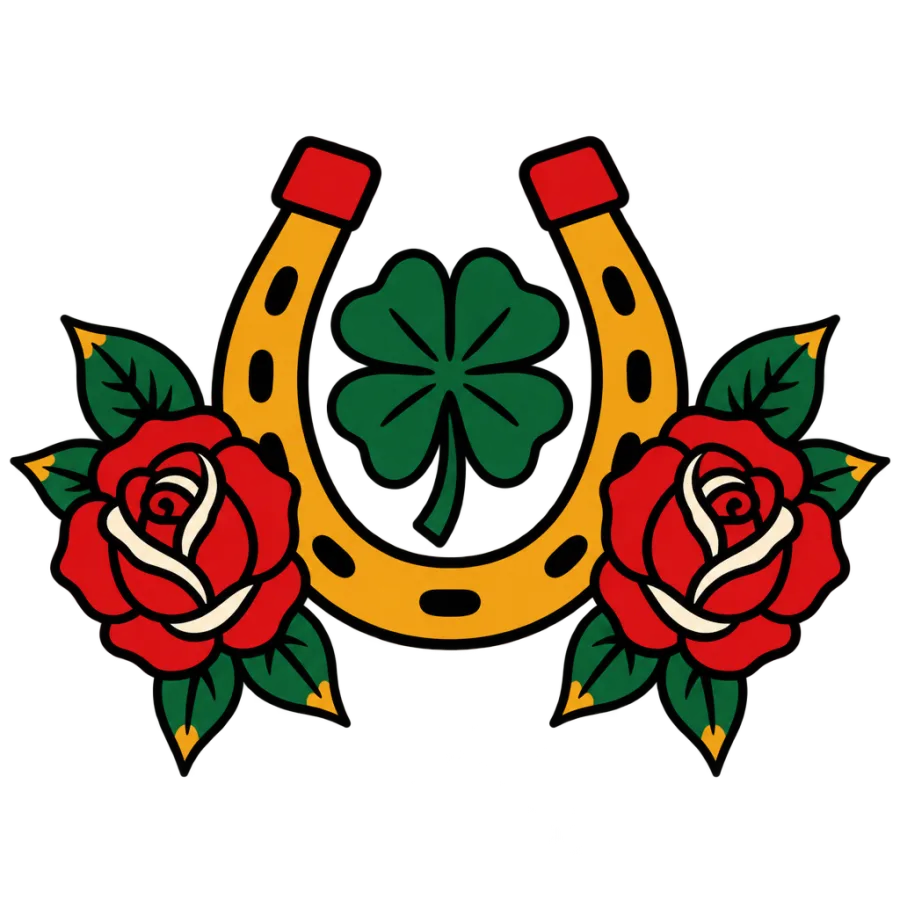 American traditional protection tattoo of a horseshoe with clover and roses