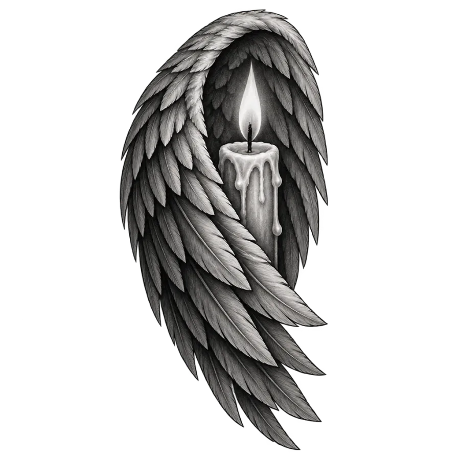 Black and grey realism protection tattoo of a wing sheltering a lit candle