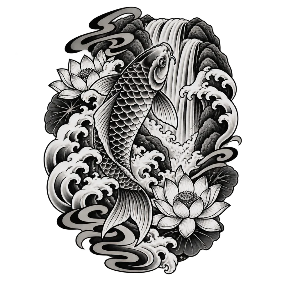 Japanese irezumi strength tattoo of a koi swimming upstream against a waterfall