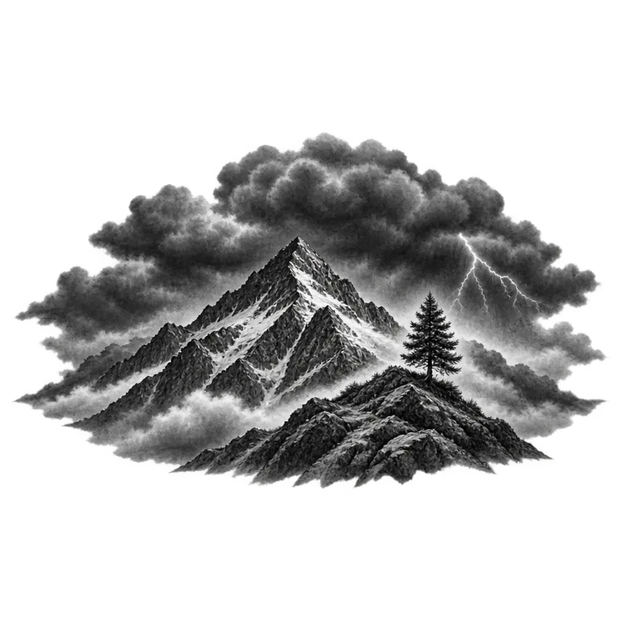 Black and grey realism tattoo of a storm lit mountain peak and pine