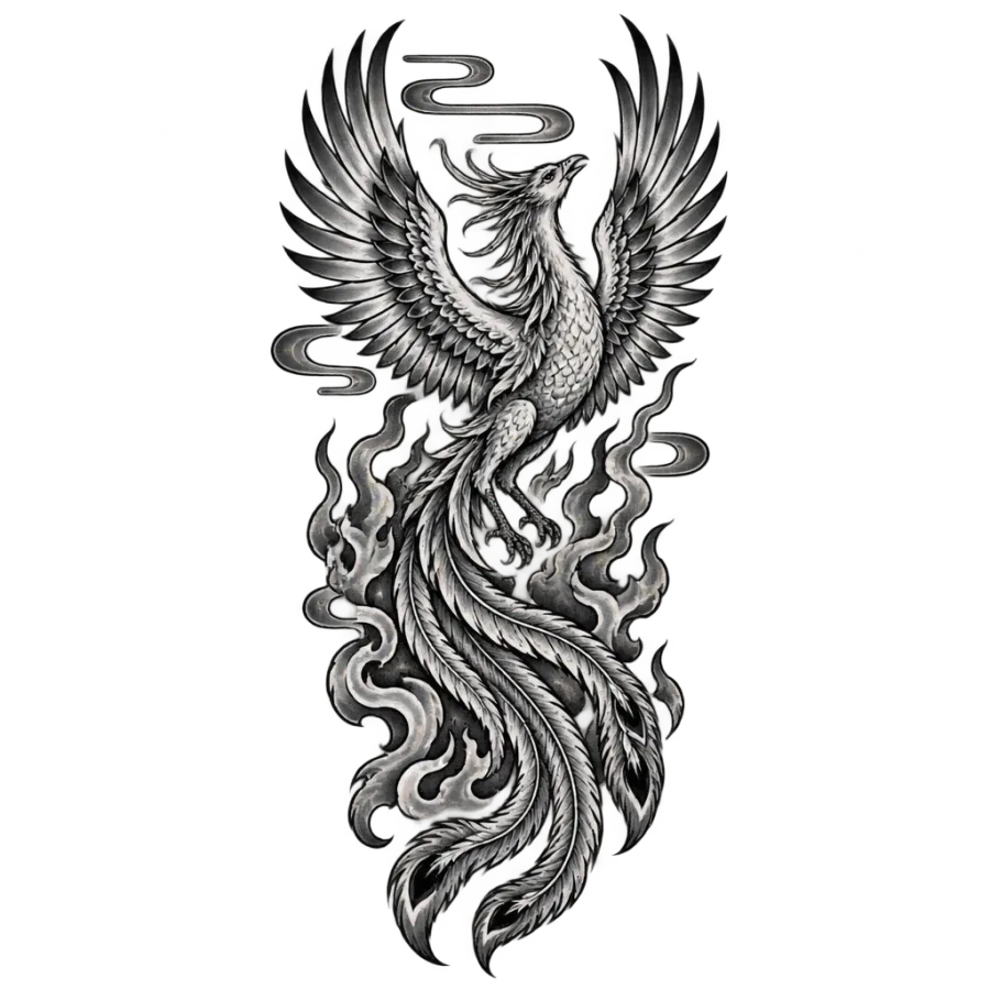 Japanese irezumi tattoo design of a phoenix rising from curling flames