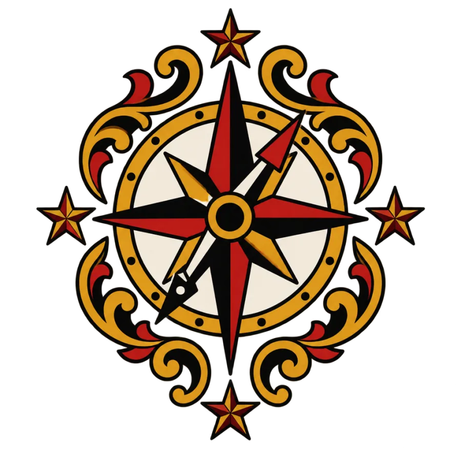 American traditional tattoo of an ornate compass rose with scrollwork flourishes