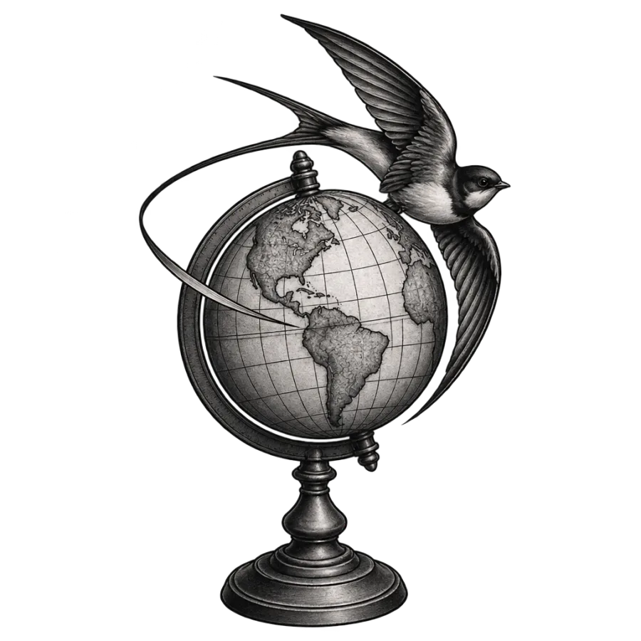 Black and grey realism tattoo of an antique globe circled by a swallow