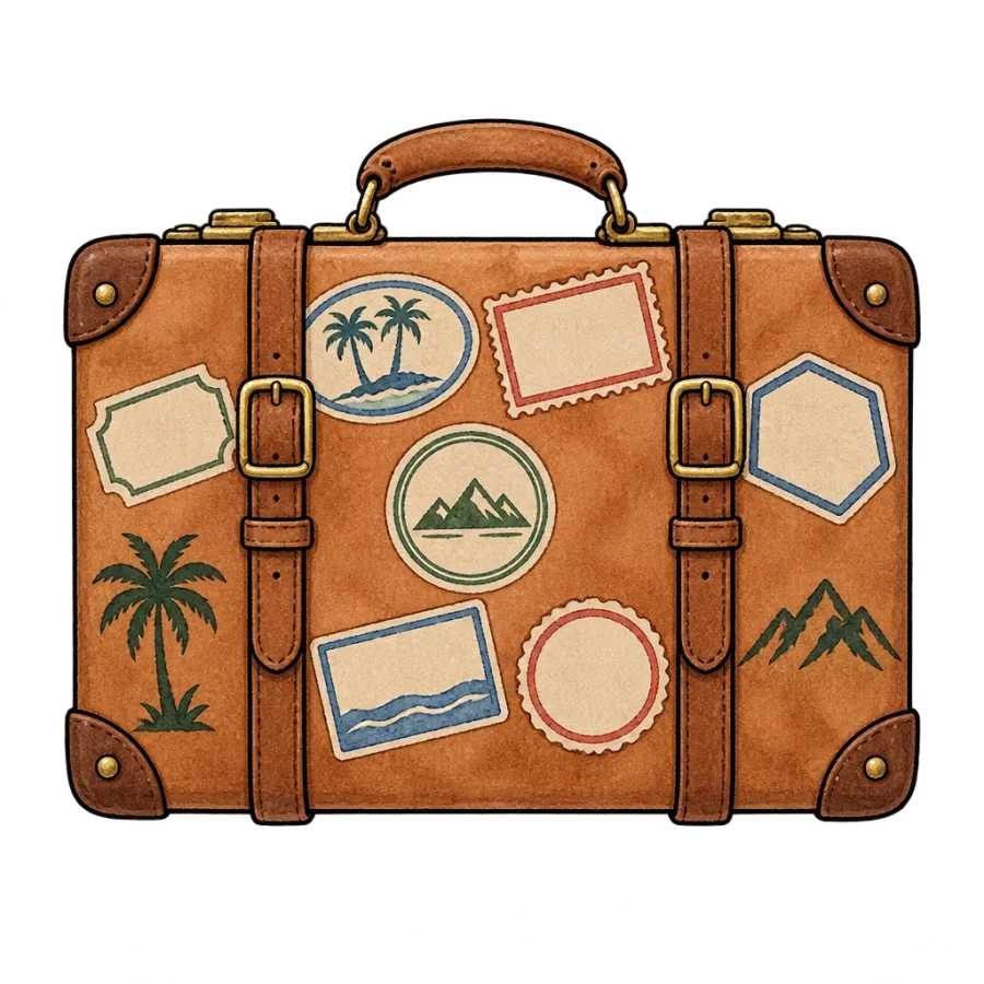 Watercolor tattoo of a vintage suitcase covered in travel stamp labels