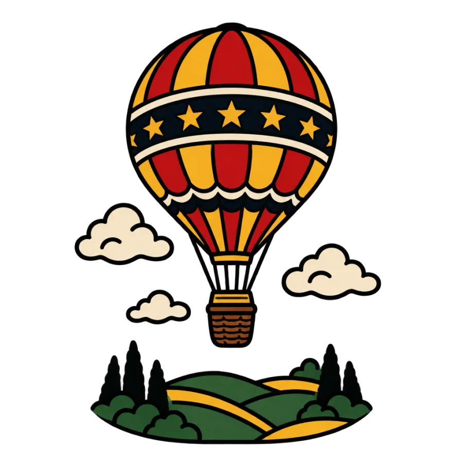 American traditional travel tattoo of a hot air balloon above rolling hills