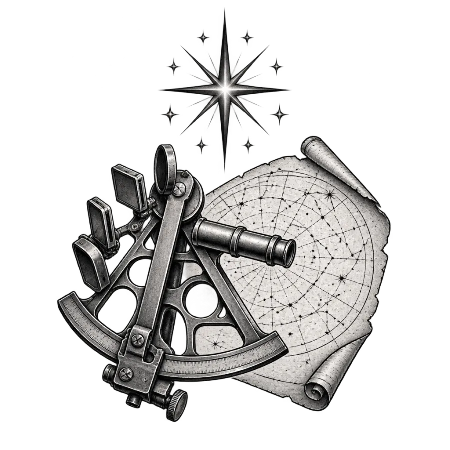 Black and grey realism travel tattoo of a sextant under the north star