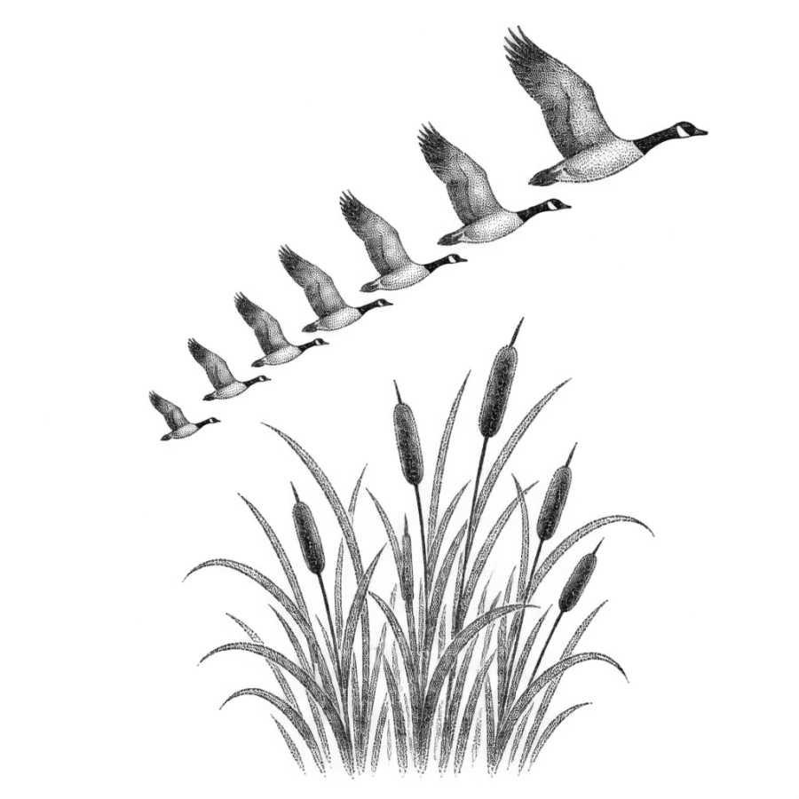 Dotwork travel tattoo of wild geese flying in formation above reeds