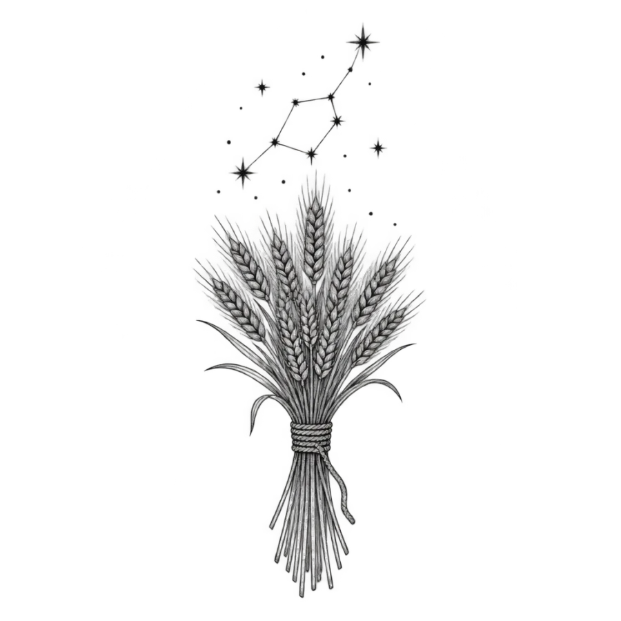Fine line tattoo design of a Virgo wheat sheaf under her mapped constellation