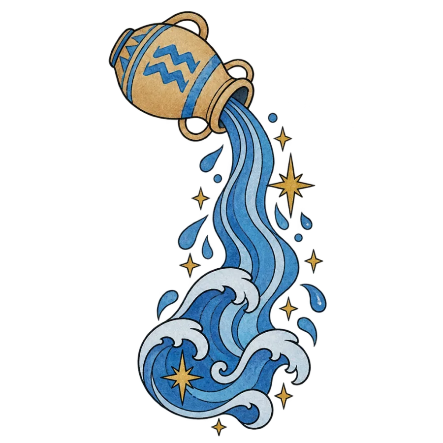 Watercolor tattoo design of an Aquarius urn pouring water into waves and stars