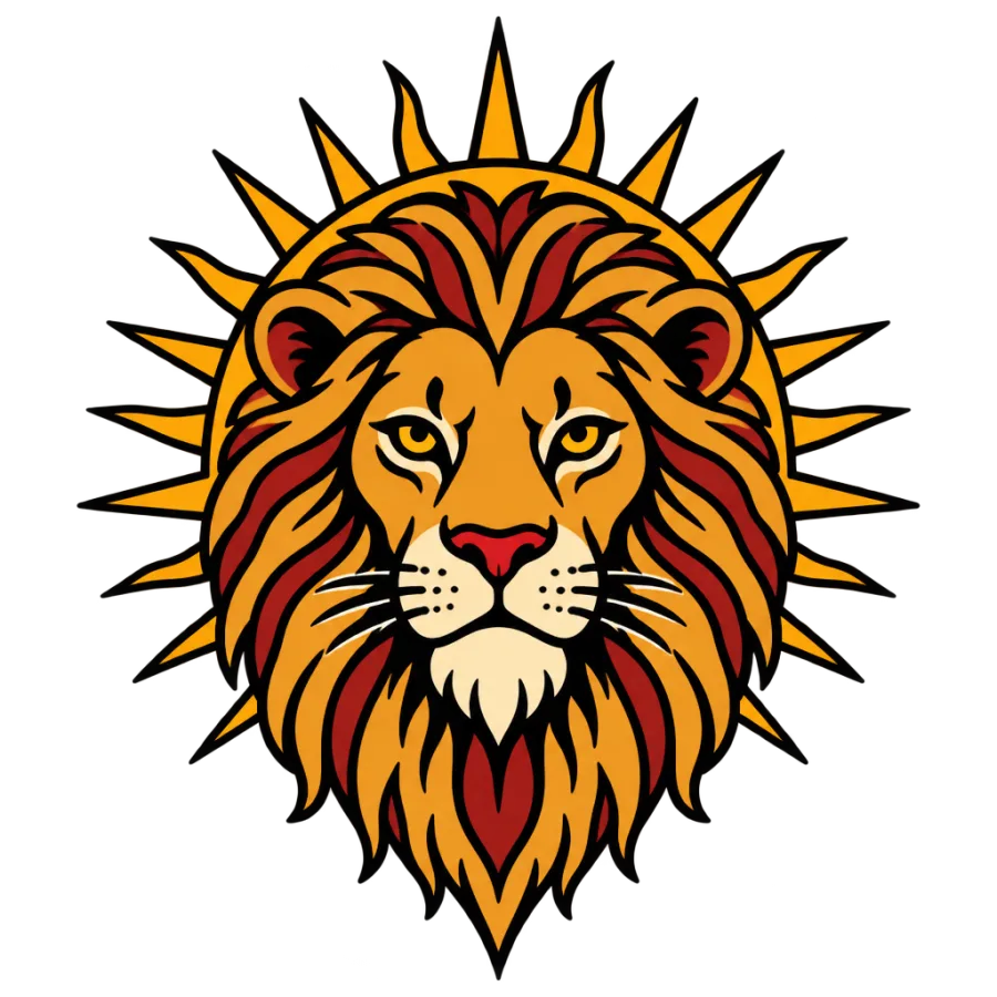 American traditional tattoo of a Leo lion head with sun rays