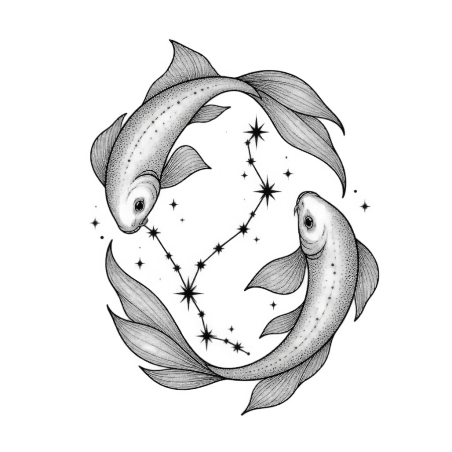 Fine line tattoo of two Pisces fish circling among constellation stars