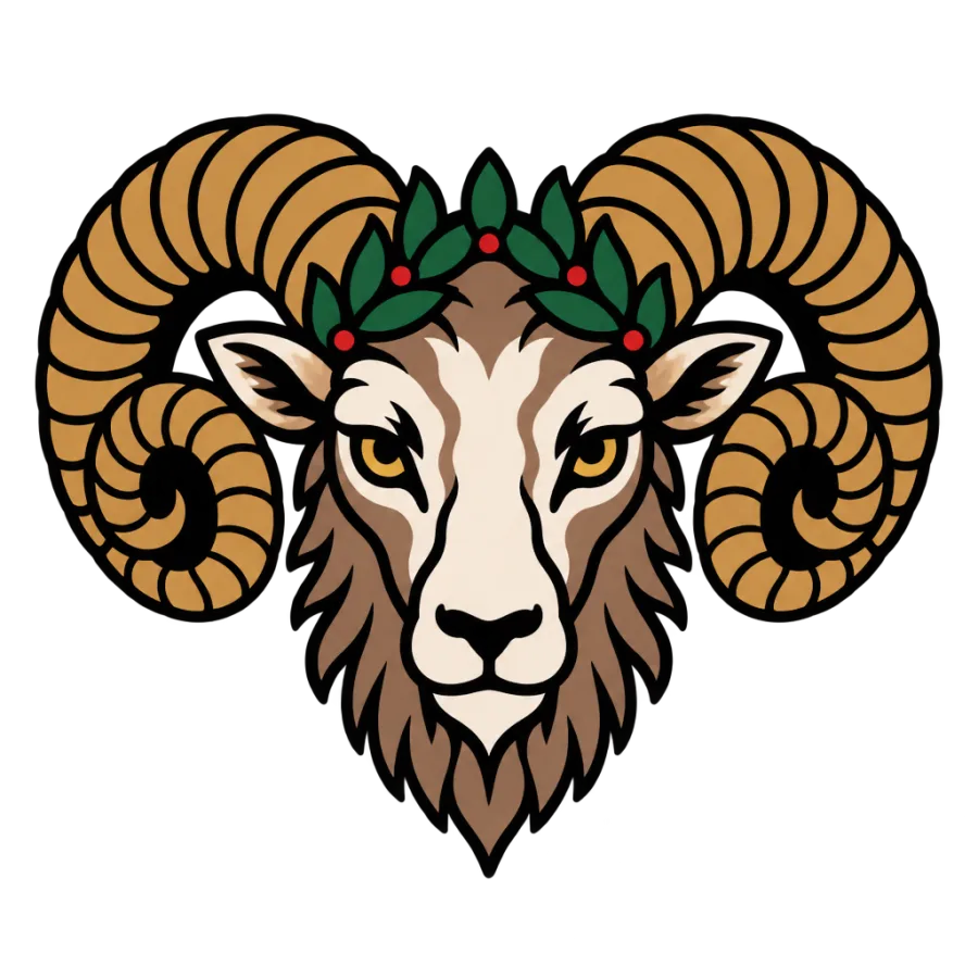 American traditional tattoo design of an Aries ram head with spiral horns