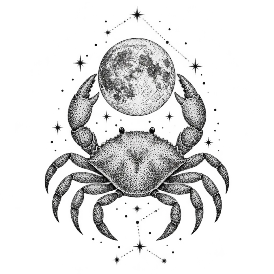 Dotwork stippled tattoo design of a Cancer crab holding a full moon
