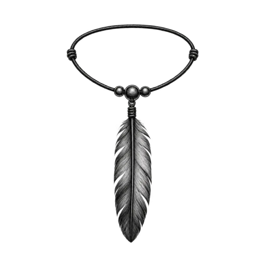 Black and grey realism tattoo of a feather and beaded cord anklet