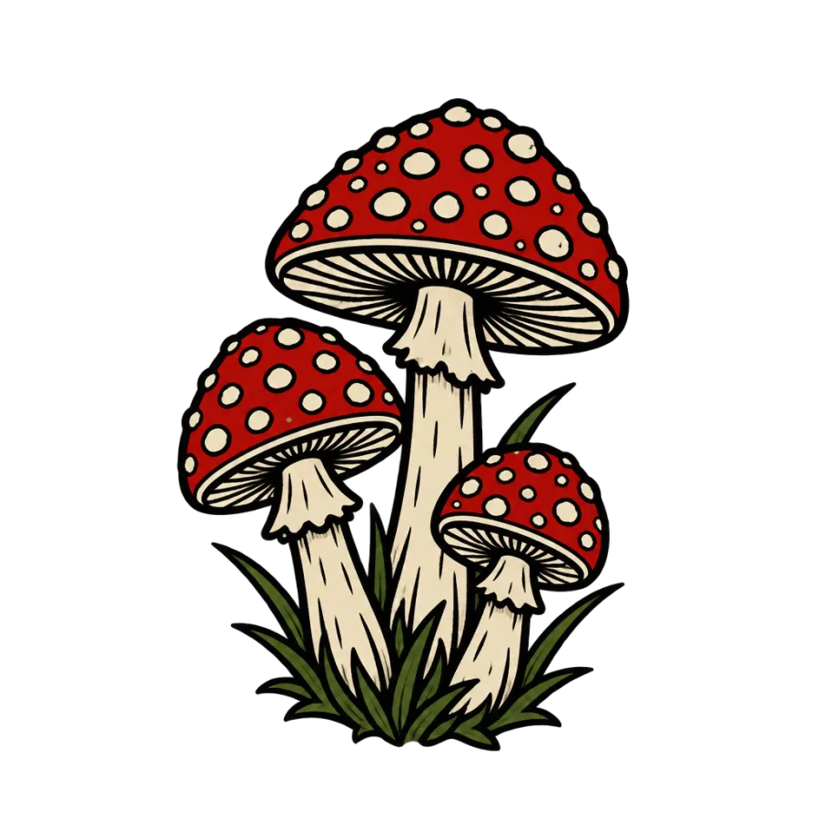 Neo traditional tattoo of a small speckled mushroom cluster for the ankle