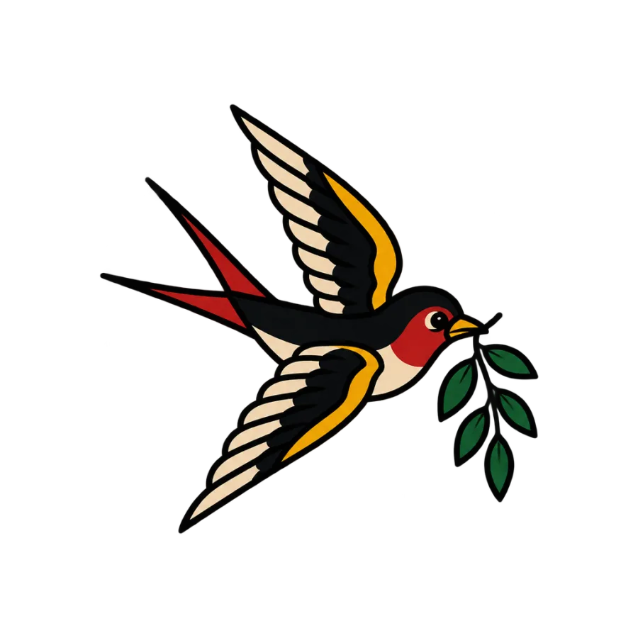 Traditional tattoo design of a small swallow carrying leaves, sized for the ankle