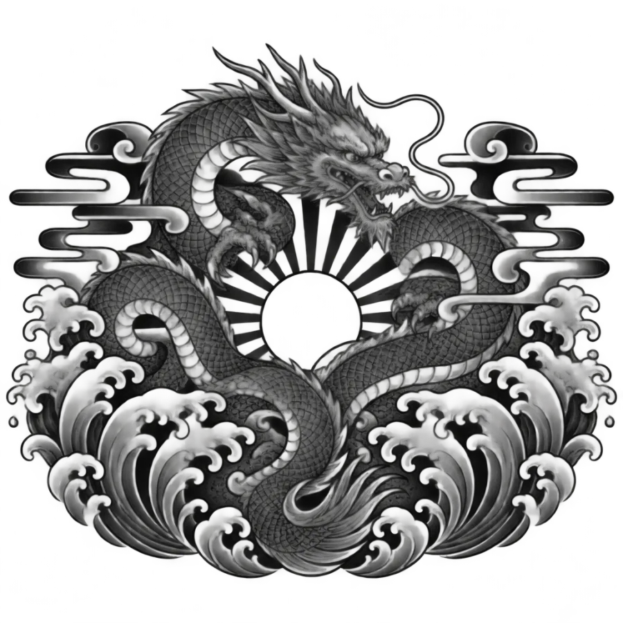 Japanese irezumi tattoo of a dragon coiled around a sun spanning the full back