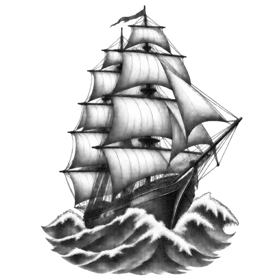 Engraving style tattoo of a tall ship on storm swells covering the back